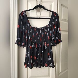 Free People Black Floral Smocked Blouse